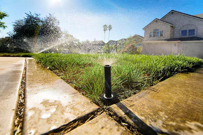 Watering in a small lawn in front of a house by the sprinkler system