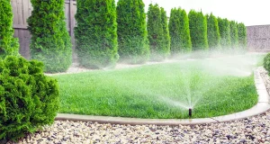 Sprinkler system watering a lush green lawn, with well-maintained shrubs and trees, emphasizing efficient irrigation for healthy landscaping in Cincinnati