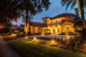 Home exterior lit with warm yellow landscape lighting along pathways and around trees, creating a welcoming glow at dusk.