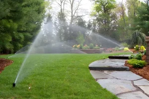A sprinkler system watering a lush green lawn near stone steps, showing even water coverage and healthy landscaping.