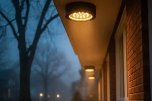 LED soffit lights illuminating a building exterior at night, showing energy-efficient outdoor lighting