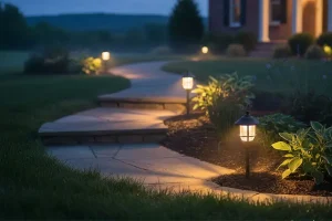 Front yard pathway lighting in Northern Kentucky home creating a warm and inviting entrance after dark