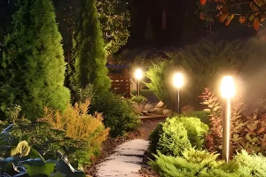 A softly lit pathway at night with warm LED lights highlighting shrubs and trees, even with light snow on the ground. The lighting creates a safe, inviting walkway and adds a cozy glow to the landscape.