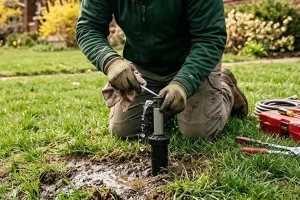 A landscaping technician kneels on a residential lawn while repairing and adjusting a leaking sprinkler head during a seasonal irrigation system inspection to ensure proper watering coverage and prevent water waste.
