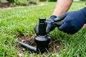 A lawn care technician wearing gloves uses a screwdriver to adjust a pop-up sprinkler head connected to an underground irrigation line in a green residential yard, performing routine sprinkler maintenance to ensure proper water coverage and efficient lawn irrigation.