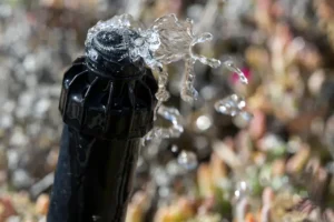 Cracked sprinkler head leaking water after winter freeze damage in Kentucky irrigation system showing uneven spray and potential pipe issues