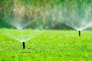 underground sprinkler system zones watering green lawn with multiple sprinkler heads spraying evenly across residential yard in Cincinnati