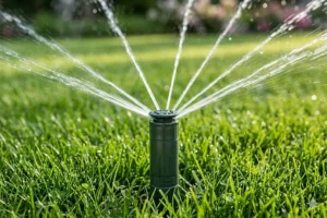 Pop-up sprinkler head watering green lawn with even spray pattern for efficient irrigation system performance