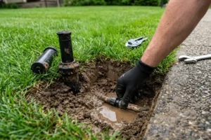 Technician repairing a broken underground sprinkler pipe during irrigation system repair in a residential lawn in Cincinnati