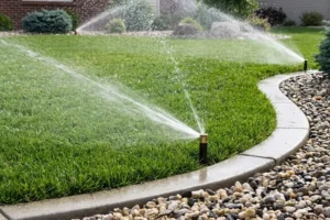 Residential sprinkler system with head-to-head coverage watering a healthy Cincinnati lawn for even irrigation, reduced dry spots, and efficient water distribution
