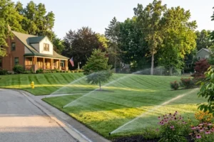 Residential Cincinnati lawn with a professionally designed sprinkler irrigation system providing even water coverage, healthy green grass, and efficient landscape watering for suburban homes
