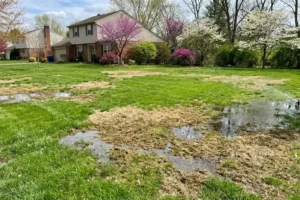 Uneven lawn watering in Cincinnati with standing water, soggy grass, and brown patches caused by poor sprinkler coverage and drainage issues
