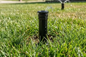 Close-up of a malfunctioning sprinkler head leaking water and causing poor irrigation coverage on a residential lawn