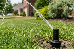 Early morning sprinkler irrigation watering a healthy Ohio Valley lawn to prevent fungus and turf disease