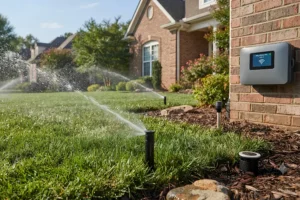 Smart automatic lawn irrigation system watering a Kentucky residential lawn with Wi-Fi sprinkler controller for efficient water management and healthy landscape care.