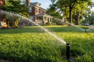A residential lawn in Cincinnati being watered by a pop-up sprinkler system, showing even irrigation coverage across healthy green grass with a well-maintained landscape in the background.
