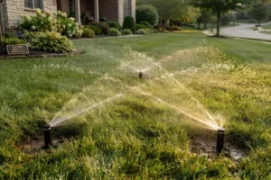A residential lawn with multiple sprinkler heads providing overlapping head-to-head water coverage to keep the grass evenly watered.