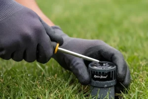 Technician adjusting a lawn sprinkler head for proper water flow and spray coverage. Professional sprinkler maintenance helps prevent uneven watering and low-pressure issues.