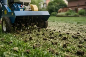 Lawn aeration machine creating soil plugs to help grass recover and improve root growth in Northern Kentucky.