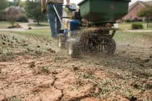 Lawn aeration and overseeding on compacted clay soil to improve grass growth in Northern Kentucky.
