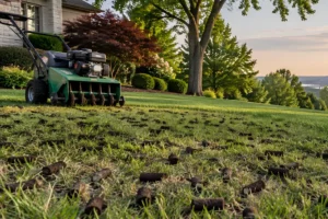 Core aeration machine pulling soil plugs from a lush green lawn at sunset, with aeration cores scattered across the grass
