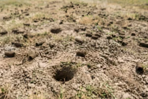 Close-up of dry, compacted soil with aeration holes and dirt plugs left behind after core aerating a drought-stressed lawn