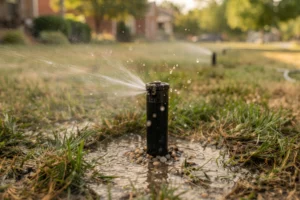 Sprinkler head spraying water sideways over a dry, patchy lawn, pooling in gravel around the base instead of reaching the grass
