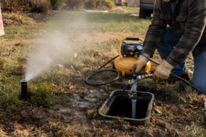 Technician using an air compressor to blow out an irrigation line during fall sprinkler winterization