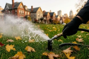 Technician performing a sprinkler blowout on a residential lawn in Cincinnati during fall to prepare the irrigation system for winter freezing temperatures.