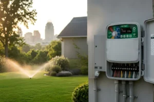 Outdoor sprinkler controller mounted beside a Cincinnati home with lawn sprinklers watering green grass, highlighting seasonal irrigation schedule adjustments.