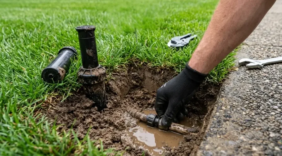 Technician repairing a broken underground sprinkler pipe during irrigation system repair in a residential lawn in Cincinnati
