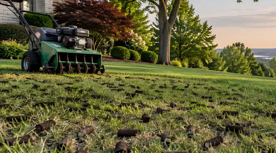 Core aeration machine pulling soil plugs from a lush green lawn at sunset, with aeration cores scattered across the grass