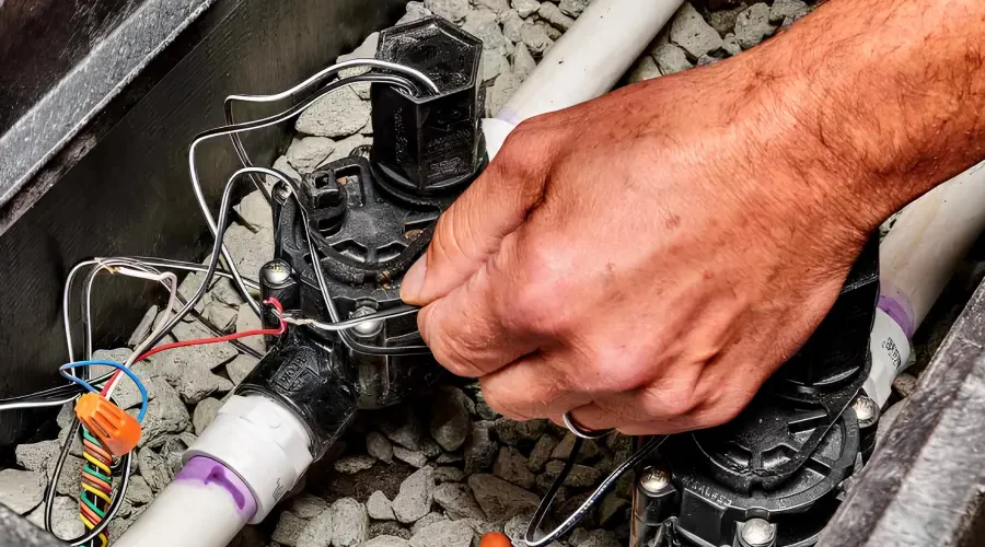 A technician repairs an underground sprinkler valve to restore proper water flow and keep a residential irrigation system operating efficiently.