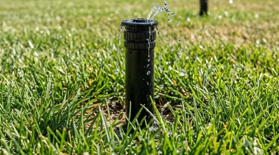 Close-up of a malfunctioning sprinkler head leaking water and causing poor irrigation coverage on a residential lawn