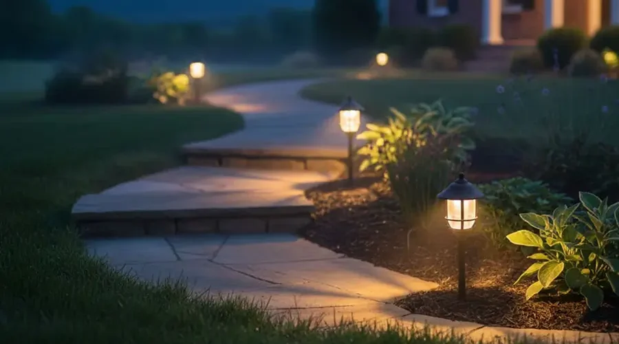 Front yard pathway lighting in Northern Kentucky home creating a warm and inviting entrance after dark