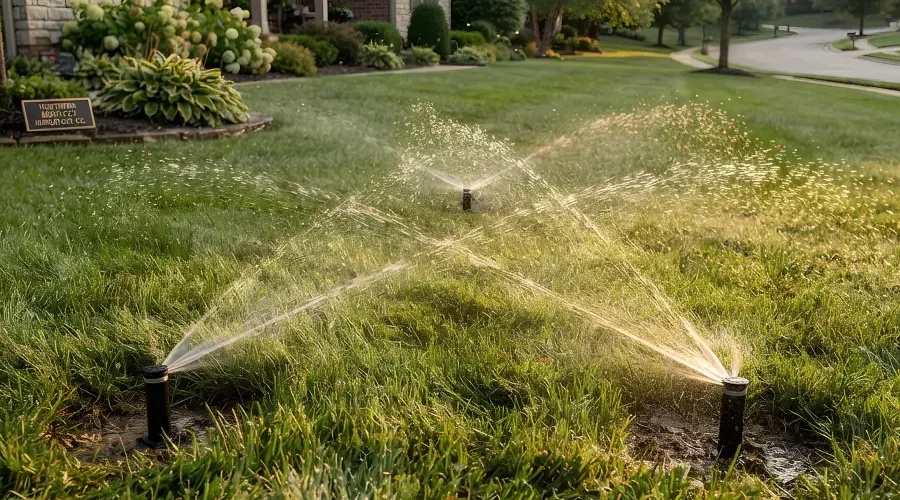 A residential lawn with multiple sprinkler heads providing overlapping head-to-head water coverage to keep the grass evenly watered.