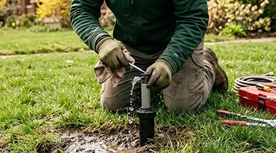 A landscaping technician kneels on a residential lawn while repairing and adjusting a leaking sprinkler head during a seasonal irrigation system inspection to ensure proper watering coverage and prevent water waste.