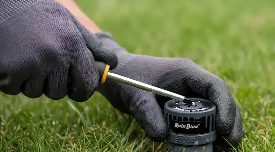 Technician adjusting a lawn sprinkler head for proper water flow and spray coverage. Professional sprinkler maintenance helps prevent uneven watering and low-pressure issues.