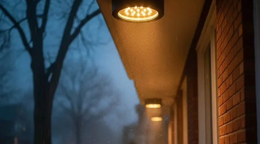 LED soffit lights illuminating a building exterior at night, showing energy-efficient outdoor lighting