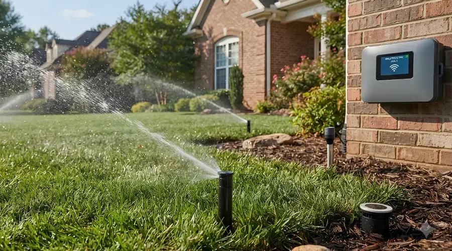 Smart automatic lawn irrigation system watering a Kentucky residential lawn with Wi-Fi sprinkler controller for efficient water management and healthy landscape care.