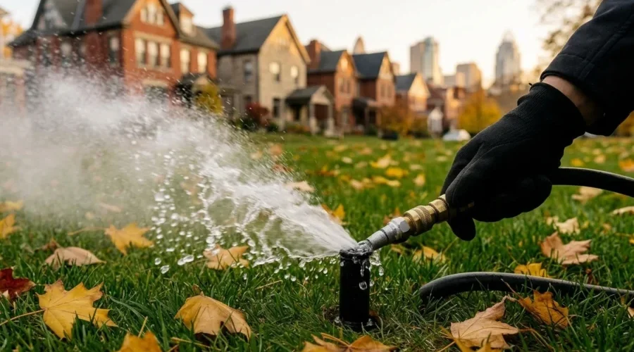 Technician performing a sprinkler blowout on a residential lawn in Cincinnati during fall to prepare the irrigation system for winter freezing temperatures.