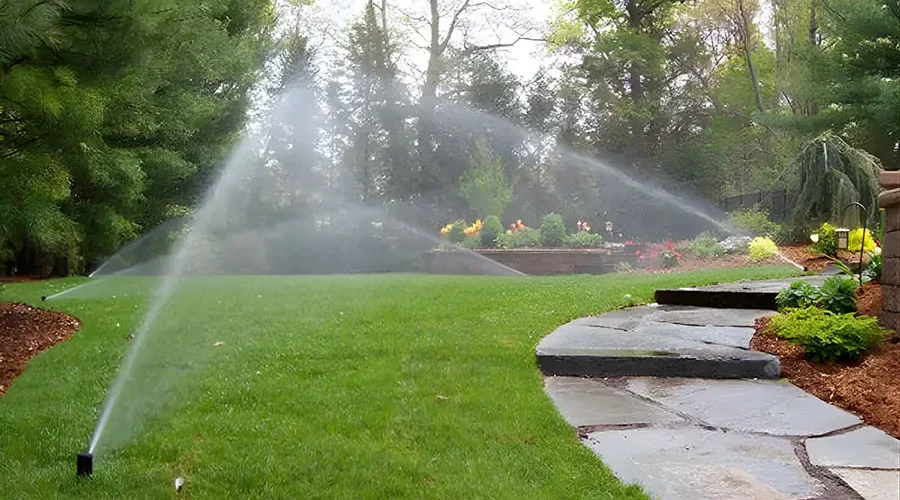 A sprinkler system watering a lush green lawn near stone steps, showing even water coverage and healthy landscaping.