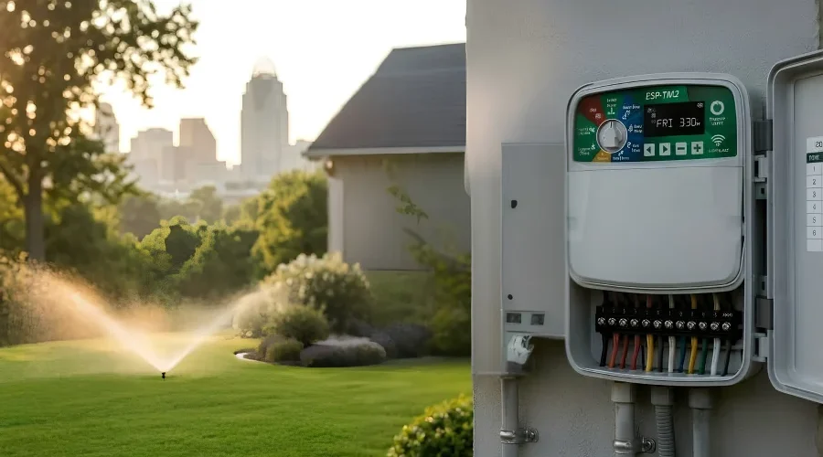 Outdoor sprinkler controller mounted beside a Cincinnati home with lawn sprinklers watering green grass, highlighting seasonal irrigation schedule adjustments.