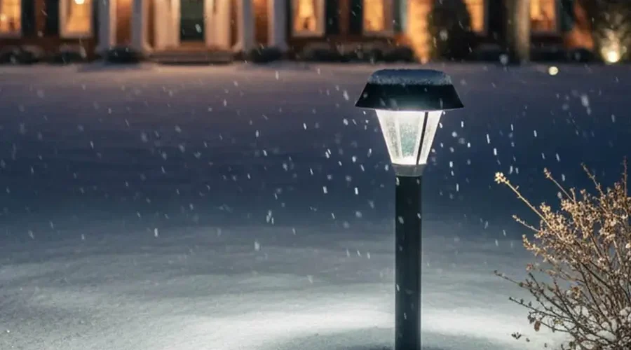 LED pathway light illuminating a snow-covered yard during falling snow in Northern Kentucky, highlighting cold-weather durability of outdoor landscape lighting near a residential home.