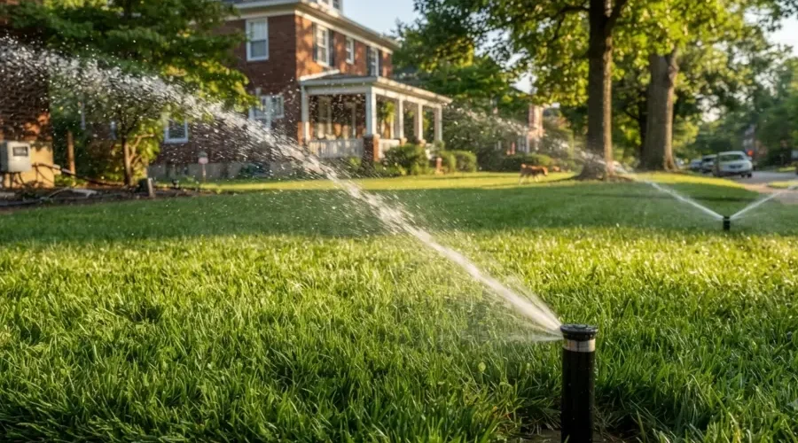 A residential lawn in Cincinnati being watered by a pop-up sprinkler system, showing even irrigation coverage across healthy green grass with a well-maintained landscape in the background.