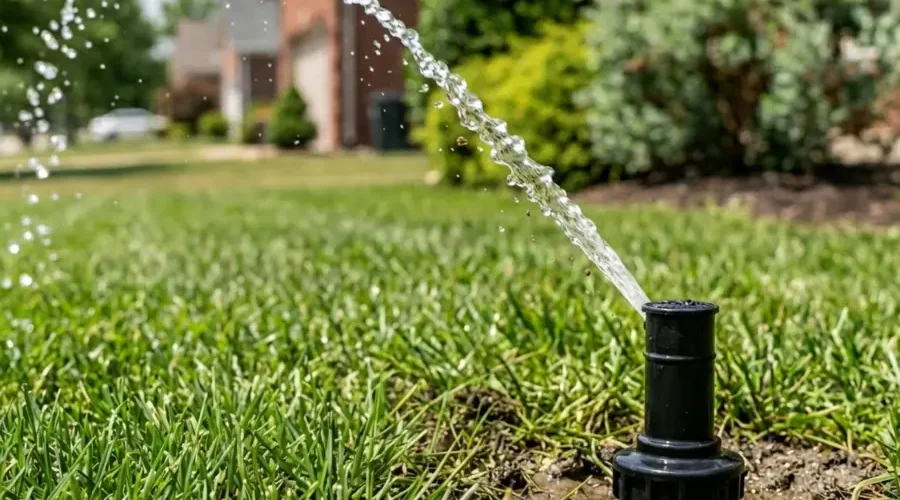 Early morning sprinkler irrigation watering a healthy Ohio Valley lawn to prevent fungus and turf disease