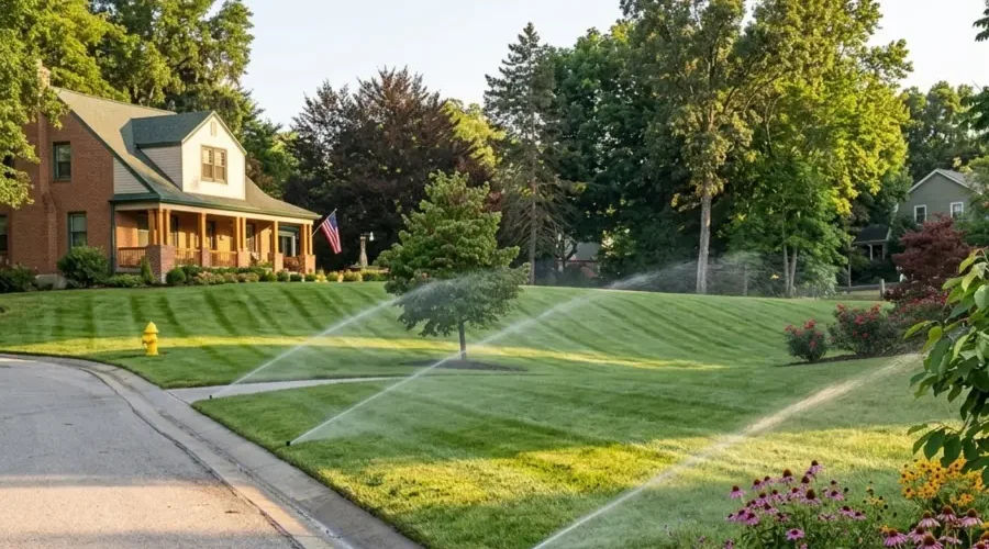 Residential Cincinnati lawn with a professionally designed sprinkler irrigation system providing even water coverage, healthy green grass, and efficient landscape watering for suburban homes