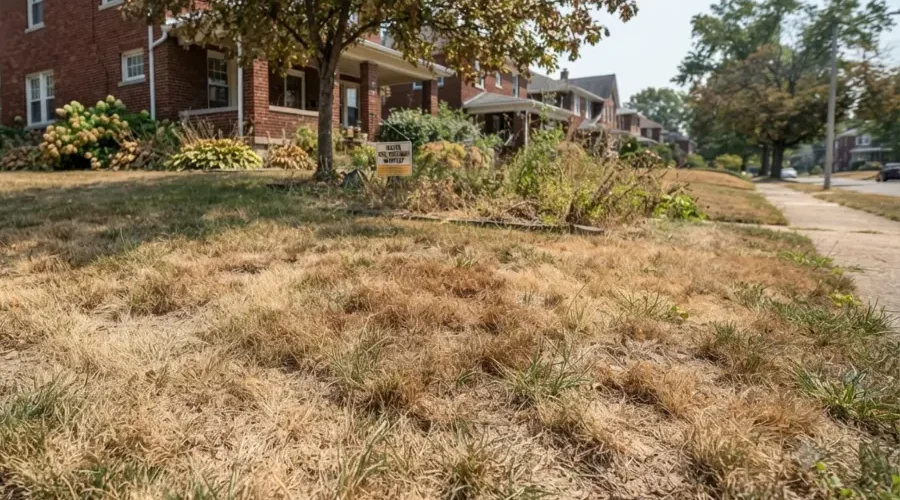 A residential lawn with widespread dry, brown grass and patchy turf in front of suburban homes, showing clear signs of drought stress and inadequate watering during hot summer weather in Cincinnati, OH.