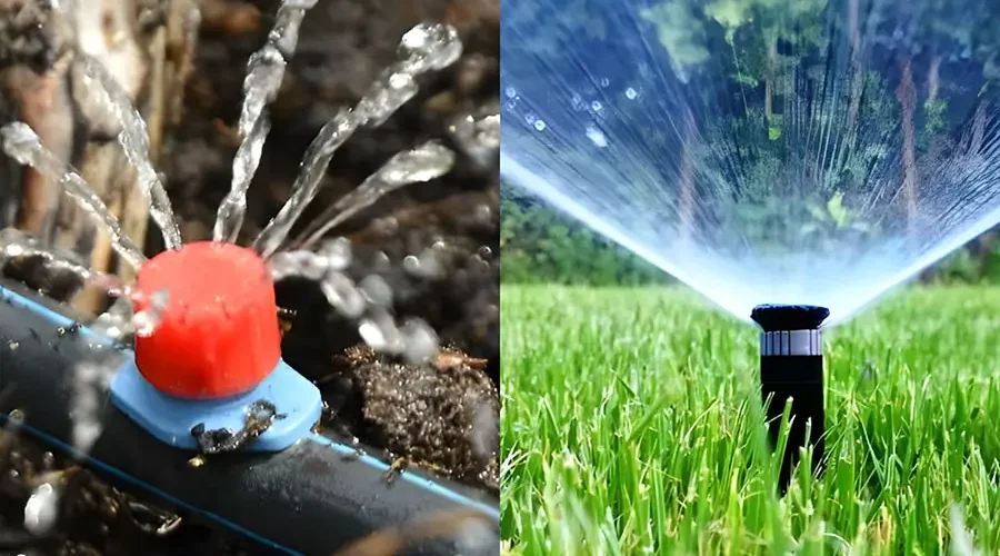 Close-up of drip irrigation system watering plant roots and traditional lawn sprinkler spraying grass, showing difference between drip irrigation and sprinkler systems for water efficiency
