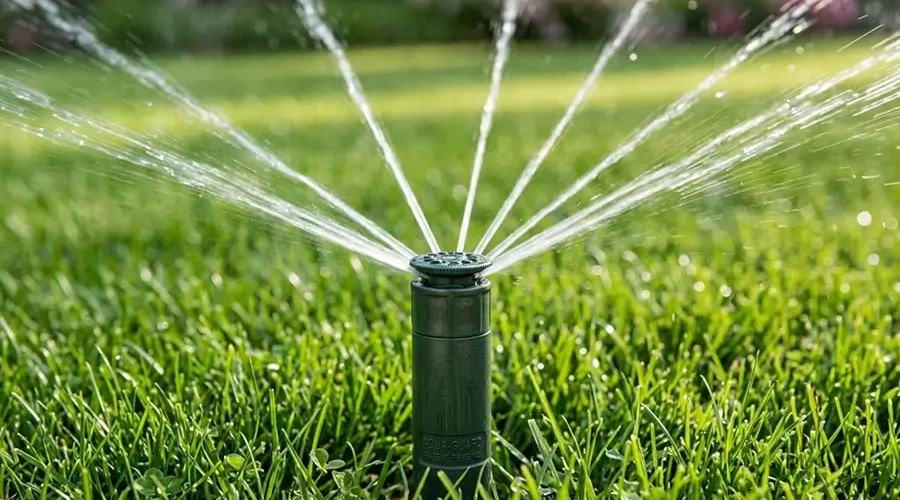 Pop-up sprinkler head watering green lawn with even spray pattern for efficient irrigation system performance